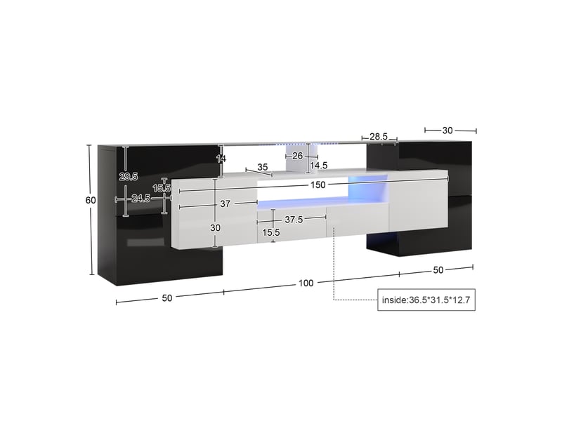  Meuble tv moderne 200cm, éclairage led, 4 portes, espace de rangement, 2 tiroirs, en mdf couleur noir brillant  - Conforama C
