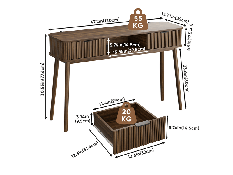  Console 120x35x77,6 cm avec 2 tiroirs et compartiment ouvert mdf panneau de particules noyer  - Conforama E