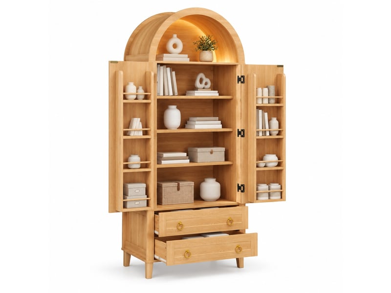  Buffet haut 76 x 40 x 179,5 cm en mdf et panneaux de particules avec led et rangements naturel chicfurn  - Conforama A