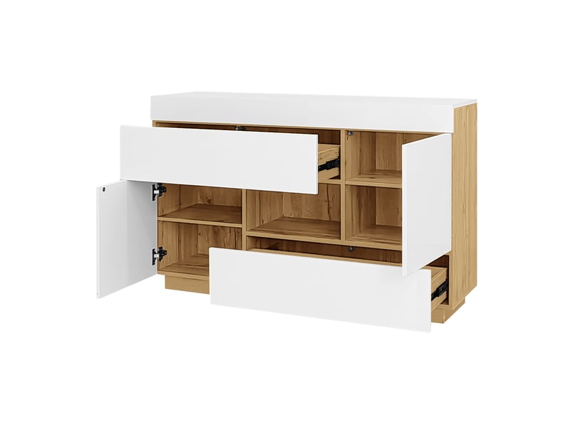  Buffet avec led 120x37x76,5 cm, 2 tiroirs et 2 portes, meuble de cuisine, salon, rangement, panneau de particules blanc  - Conforama A