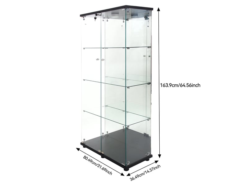  Vitrine d'exposition - 80.5x36.5x164cm - cabinet 4 niveaux avec led et miroir, double porte verrouillable - noir  - Conforama E