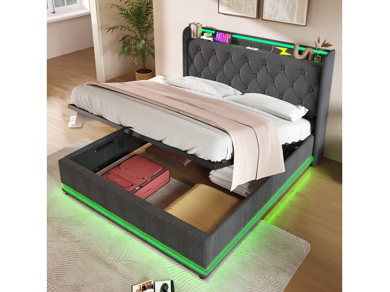  Lit coffre 160x200 cm led 360°, usb type-c, gris, lin, sans matelas  - Conforama B