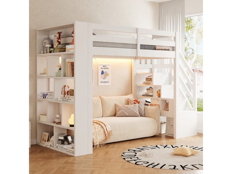  Lit mezzanine en bois 90 x 200 cm avec rangements et led, blanc  - Conforama B