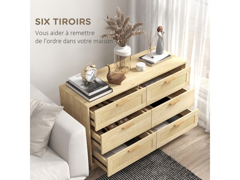  Commode design bohème en rotin avec 6 tiroirs, meuble de rangement pour le salon, le couloir, chêne, l'entrée  - Conforama E