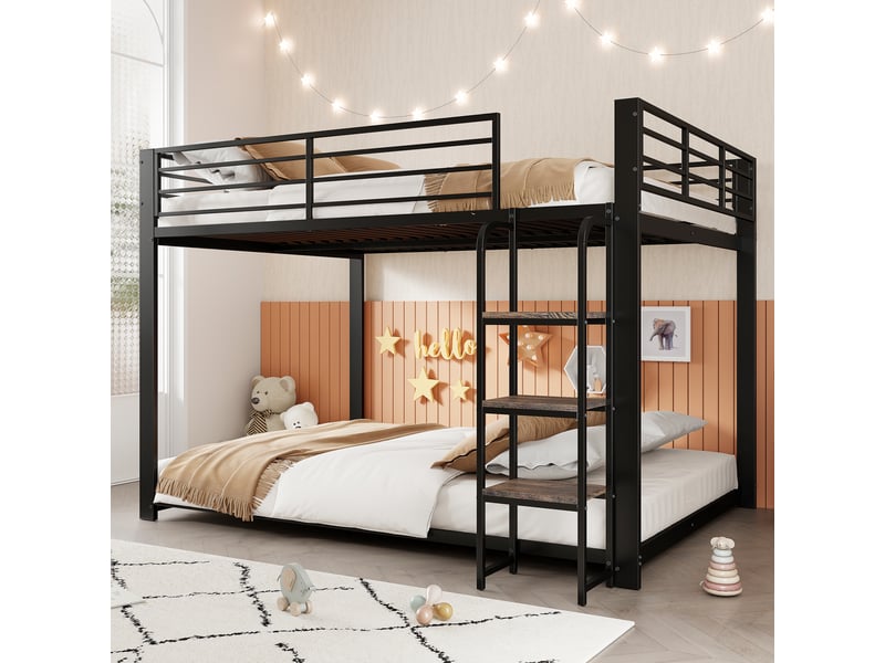 Lit superposé enfant 2 couchages 140x200 cm, échelle-étagère avec marches en bois, barrière haute, métal noir Radiant Stride - Conforama B