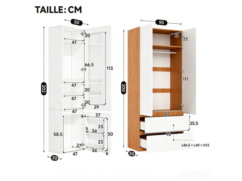  Armoire avec miroir et cabinet de toilette, 120 x 50 x 200 cm, 1 penderie et 2 tiroirs, style moderne, blanc  - Conforama C