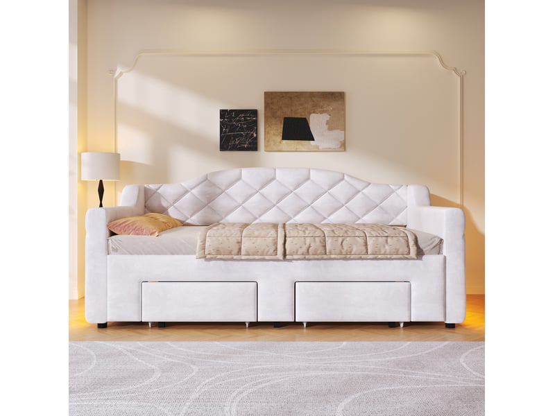  Modenvie banquette-lit gigogne 90x200180x200 cm - extensible, 2 tiroirs, led - blanc  - Conforama E