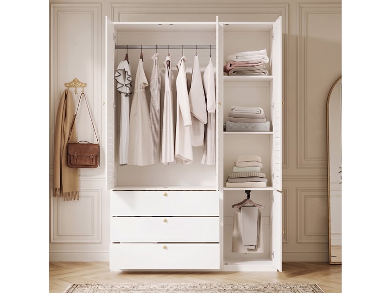  Armoire 135x50x200 cm à 3 portes à lamelles, 2 tringles, 3 tiroirs, panneau de particules blanc, chambre et dressing  - Conforama D