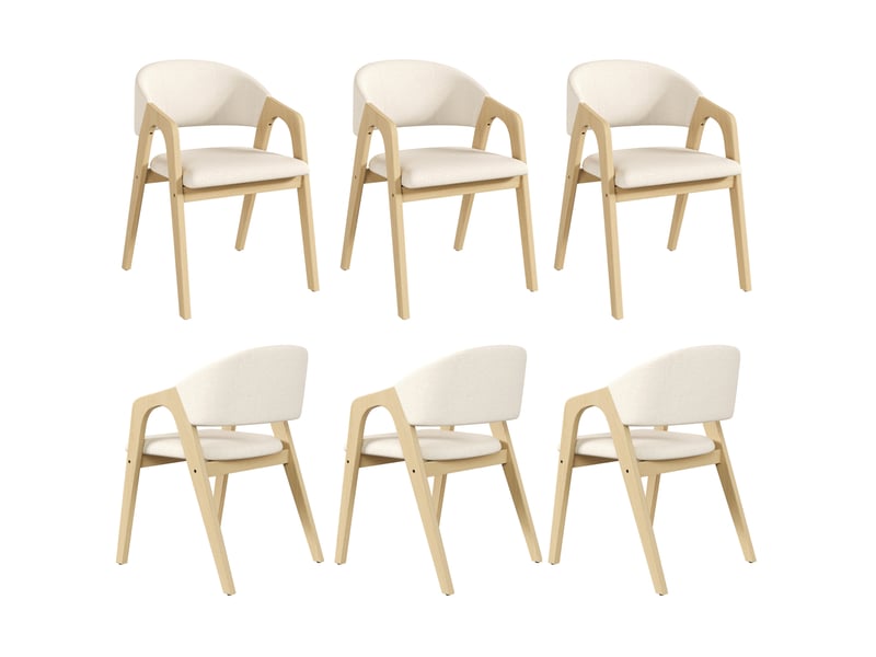 Lot de 6 chaises de salle à manger avec accoudoirs, bois d’hévéa et lin, beige - Conforama A
