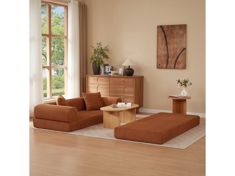  Canapé convertible 195x89x59 cm modulaire 3 places, conception tatami au ras du sol, velours, terracotta  - Conforama E