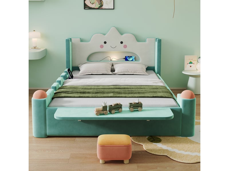 Lit enfant 140x200 cm, tête de lit nuage, lampe led, tiroir, bleu-vert - Conforama E