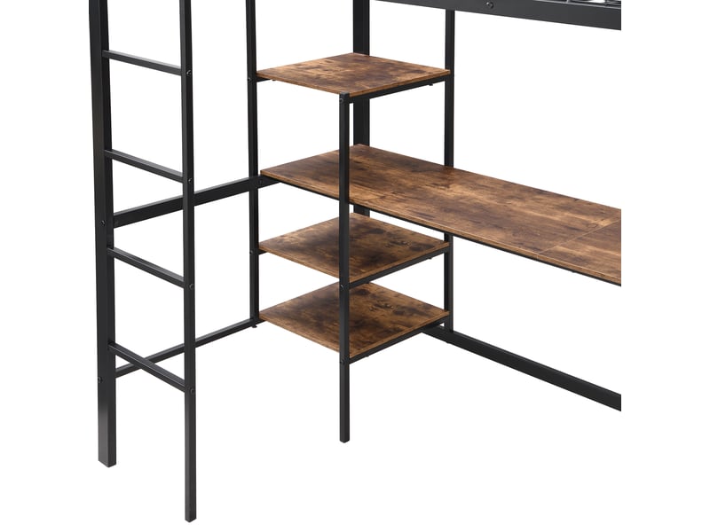  Lit mezzanine enfant 90x200 cm en métal avec espace bureau et étagères, échelle 4 marches, noir et bois, sans matelas  - Conforama R