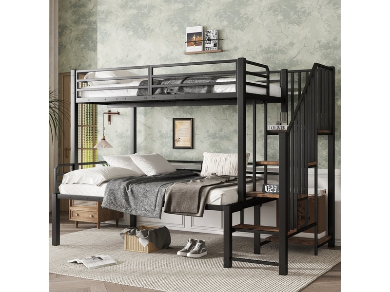 Lit superposé 90x200 et 120x200 cm en métal noir avec échelle à 4 marches et rangement - Conforama B