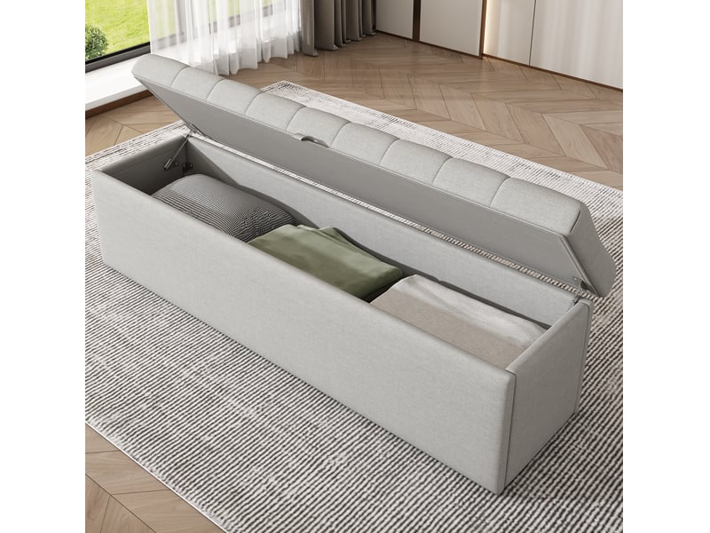  Banc coffre capitonné 141x41,5x42 cm, rangement ,assise rembourrée lin, design européen, gris clair  - Conforama E