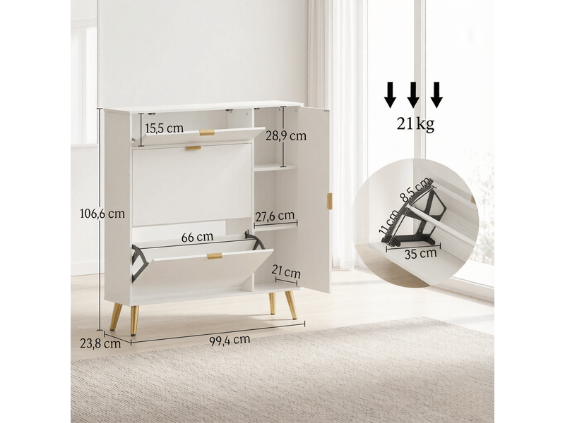 Meuble à chaussures 8 à 12 paires à faible profondeur avec rangement - lpospi - portes abattantes mdf blanc - Conforama D