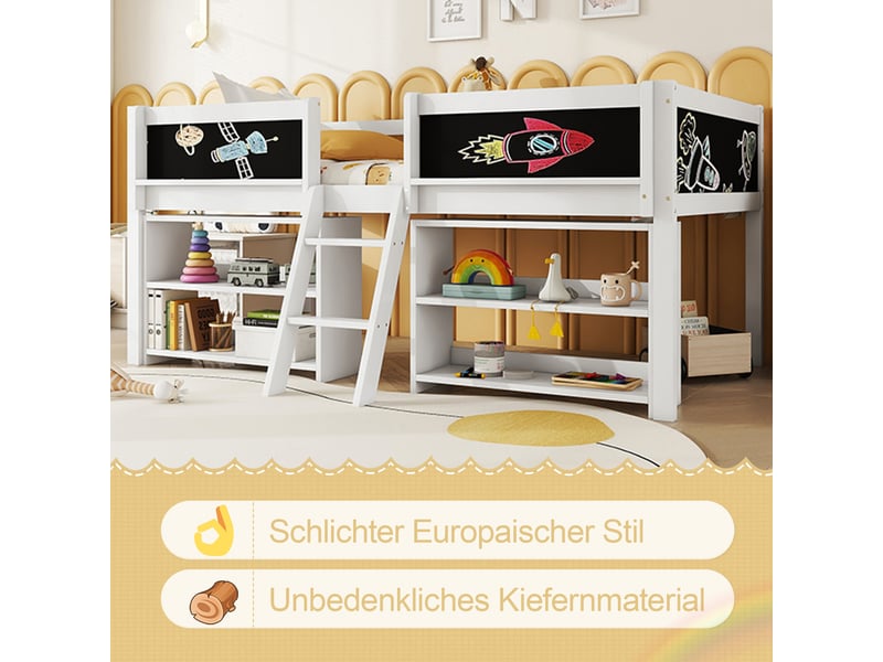  Lit simple 90×200 cm avec plusieurs étagères de rangement, lit enfant avec balustrade et échelle, cadre de lit en bois de pin, blanc  - Conforama C
