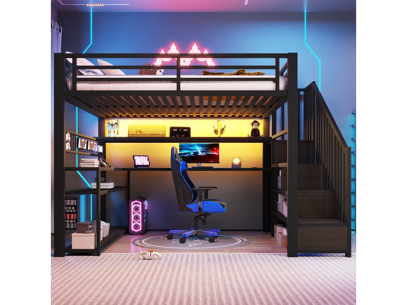  Lit mezzanine 2 places 140 × 200 cm avec led, bureau, armoire et rangements, sans matelas, noir  - Conforama B