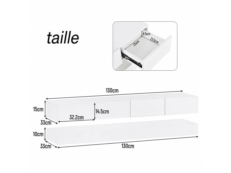  Meuble tv mural led blanc – 130 x 33 cm – 4 tiroirs, contrôle bluetooth  - Conforama D
