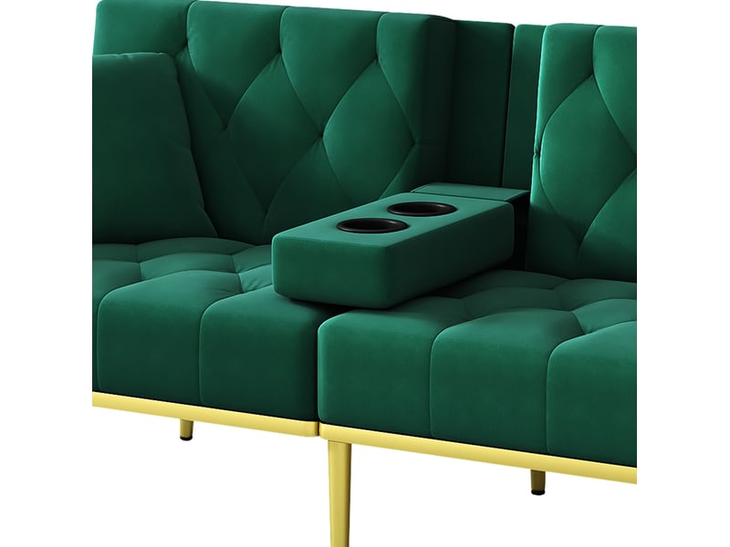 Canapé-lit 2 places 175x80x73,5 cm, 3 positions, porte-gobelet, poche latérale, velours, pieds dorés, vert  - Conforama R