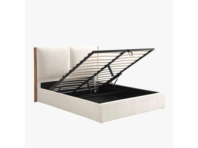  Lit double en tissu beige et bois avec coffre 140x190 cm JUNA-140X190-BEI - Conforama A