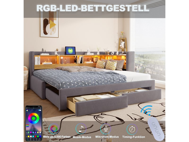 Canapé-lit rembourré 3-en-1, 90x200/180x200 cm,avec lit gigogne,tiroirs,led et prise,velours,gris foncé–banquette-lit d'angle,sans matelas - Conforama D