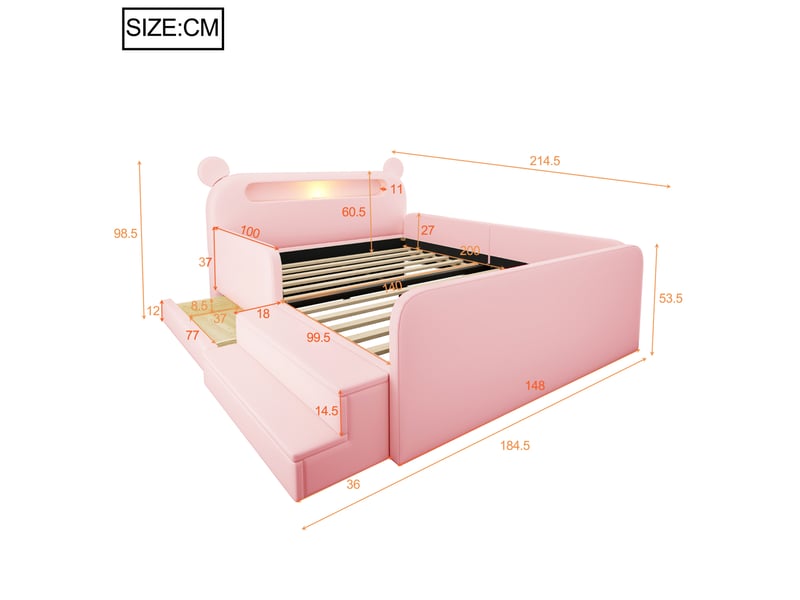  Lit enfant 140x200 cm rose en cuir régénéré, tête ours avec led, usb, tiroirs et assise, sans matelas  - Conforama C