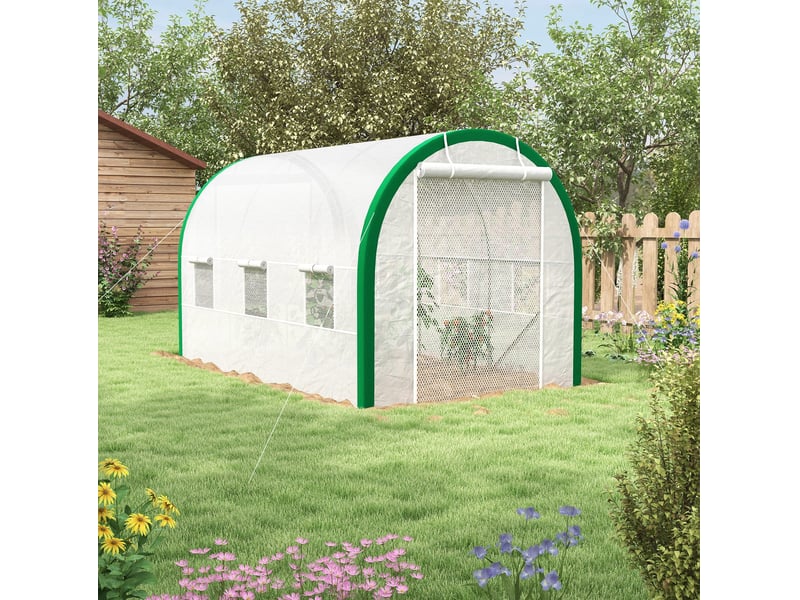  Serre tunnel de jardin 358x210x210 cm – blanche – porte enroulable, fenêtres moustiquaires, acier galvanisé  - Conforama B