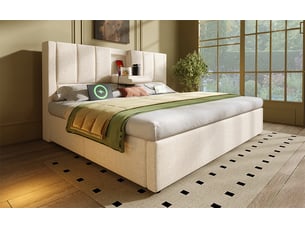 Lit coffre 140x200 cm avec tête de lit capitonnée, tablette intégrée et rangement hydraulique - sans matelas