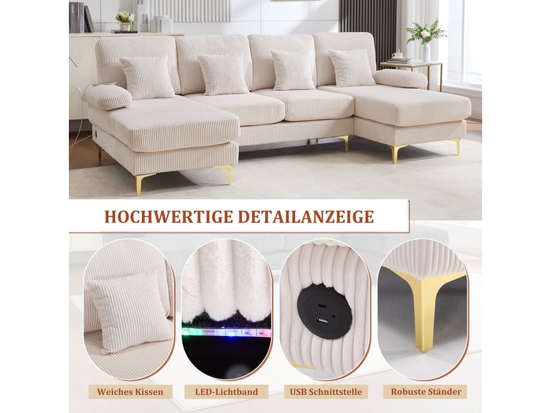Canapé d'angle, canapé moderne – éclairage led, beige, forme u, port usb - Conforama E