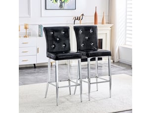 Lot de 2 tabourets de bar 44.4x40.6x114.3cm – avec dossier capitonnant de cristaux et repose-pieds – effet cuir crocodile - noir
