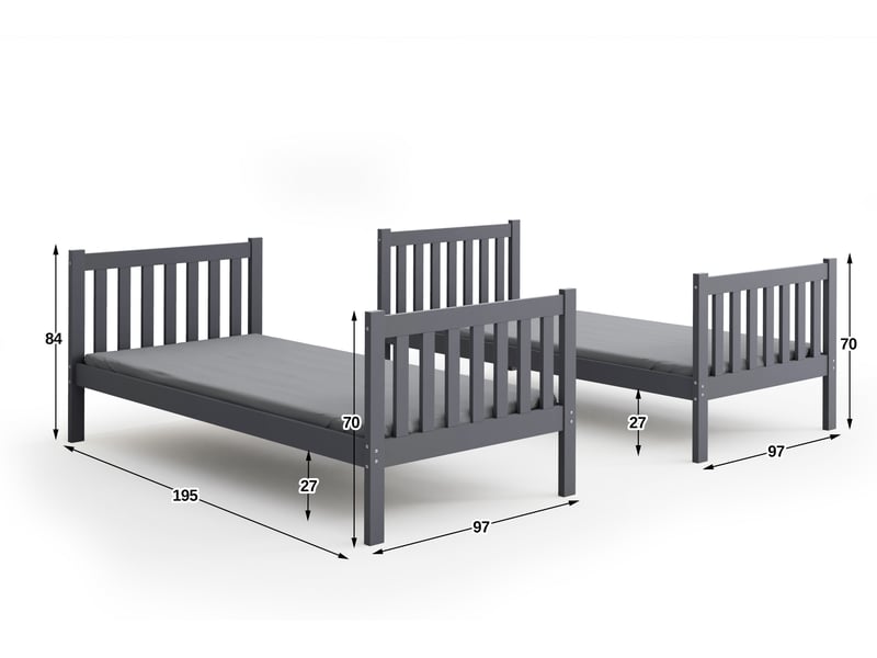  Lit superposé 3 places kacper 90x190 cm + lit tiroir 80x180 cm interbeds - bois massif de pin - gris  - Conforama E