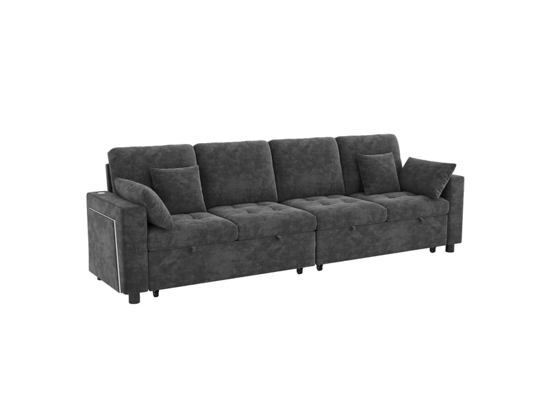  Canapé-lit 4 places 262.5x140x89 cm avec led et usb, dossier réglable, tissu couleur gris, design moderne  - Conforama A