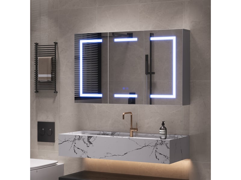 Armoire de toilette led 3 portes - 90 x 15 x 65 cm-blanc - meuble de salle de bain avec éclairage 3 couleurs, antibuée et prise - Conforama C