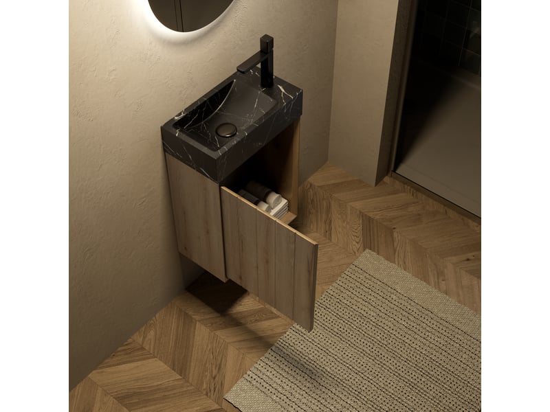  Meuble vasque suspendu à porte avec fermeture amortie - lpospi - gain de place, marbre noir et chêne blanc  - Conforama B