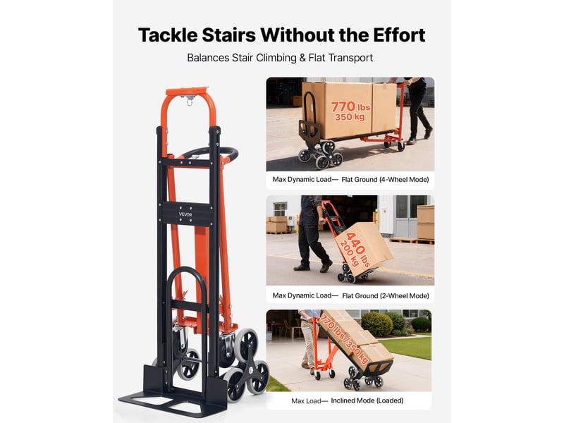  Vevor diable escalier 3 en 1 chariot monte escalier convertible charge max 350 kg diable pliant pour transport entrepot demenagement bureau avec poignee 6 roues monte-escaliers 2 roulettes pivotantes  - Conforama B