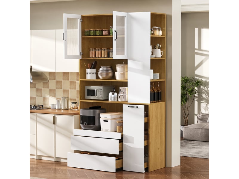 Vaisselier haut blanc et bois 200 cm, buffet avec portes en verre strié, meuble de rangement cuisine - Conforama D