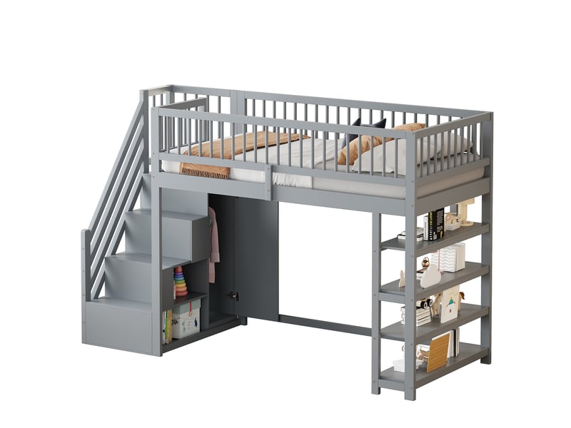  Lit mezzanine enfant 90x200cm lit surélevé avec escalier à rangements,armoire,étagères,sommier à lattes,pin et mdf,gris  - Conforama A