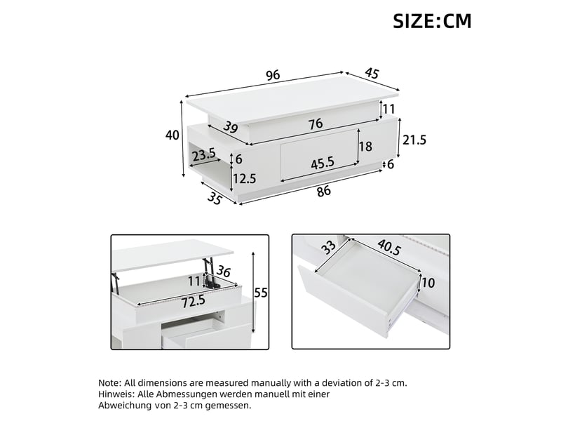  Table basse 96x45x40 cm plateau relevable led panneau de particules blanche  - Conforama E
