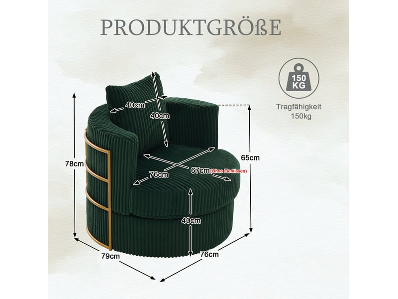  Fauteuil pivotant à 360 degrés avec rangement sous l’assise et coussin rembourré en velours côtelé vert émeraude  - Conforama C