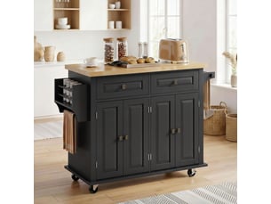 Desserte de cuisine multi rangements 2 tiroirs 2 placard 2 portes étagère range-bouteille porte-torchons mdf noir hévéa