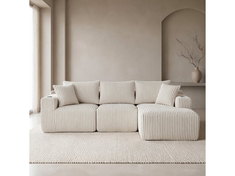  Canapé modulable modenvie 3 places avec méridienne en velours côtelé beige 257 x 160 x 80 cm  - Conforama B