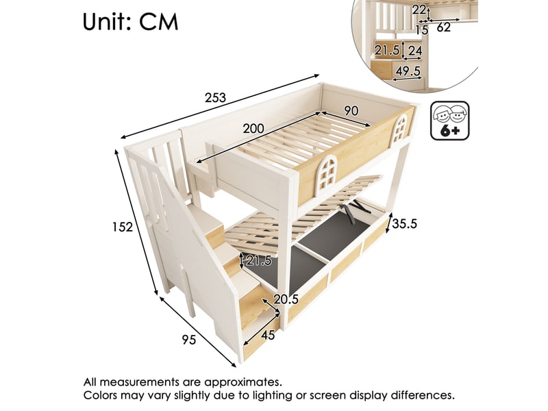  Modenvie lit superposé 90x200 cm - avec escalier de rangement et sommier inclus, sans matelas - blanc et naturel  - Conforama C