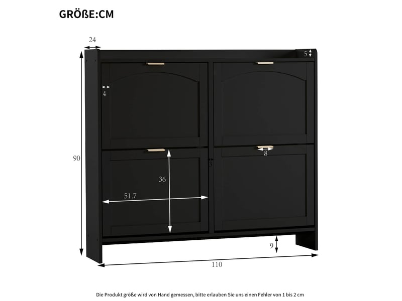  Meuble à chaussures 110x24x90 cm, incurvé, 4 abattants et tablettes réglables, pour entrée, panneau de particules, noir  - Conforama C