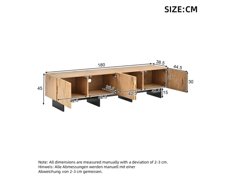  Meuble tv 180x38,5x45 cm, 4 portes, motif en relief, mdf et panneau de particules, couleur naturelle  - Conforama C