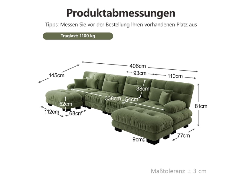  Canapé d'angle, canapé modulable – 4 places, style cloud, forme u, en chenille, vert, pouf amovible  - Conforama W