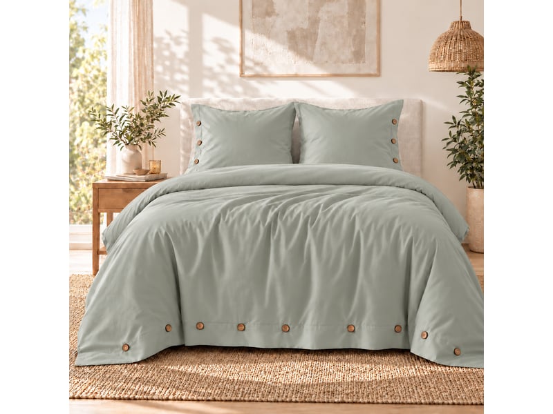  Housse de couette 240 x 220 cm + 2 taies 65 x 65 cm 100% percale de coton 120 fils perrine céladon  - Conforama A