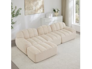 Canapé d'angle modulable 3 places avec ottoman, tissu beige blanc, 288 x 165 cm evryae
