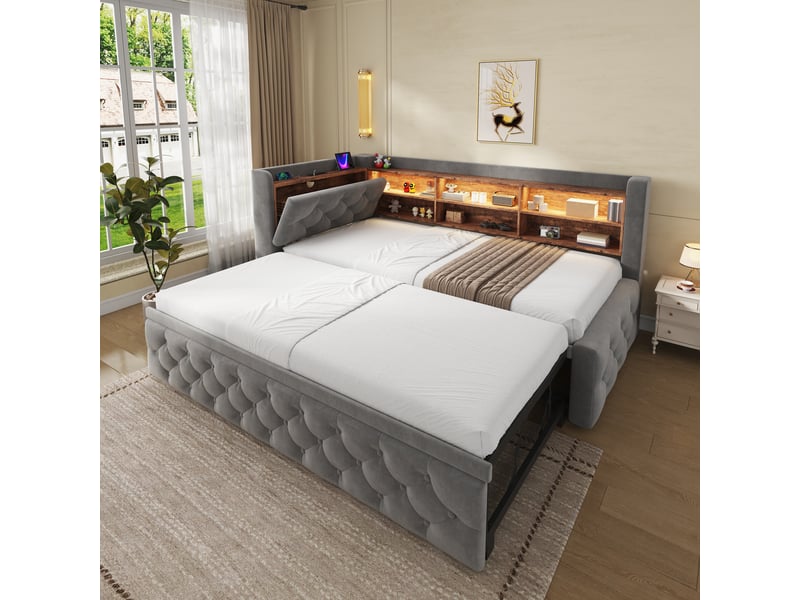  Canapé-lit 90x190 cm, lit enfant, couchage d'appoint, sommier à lattes, extensible, étagères, led, usb et usb-c, velours gris foncé  - Conforama A