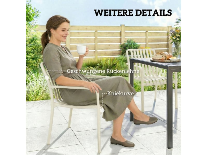  Fauteuil de jardin 4 pièces ergonomique chaises empilables design à lamelles accoudoirs crème blanc  - Conforama D