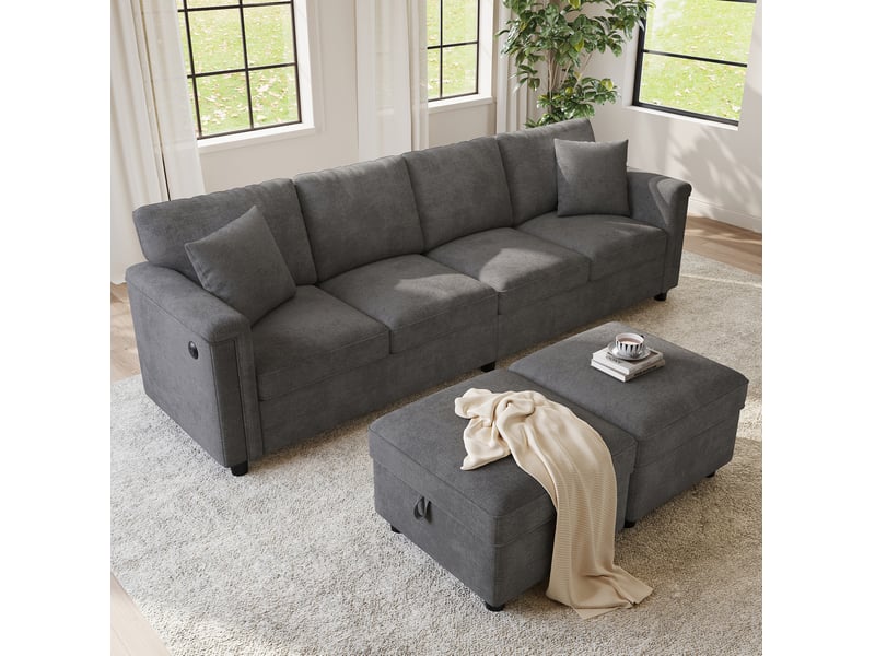 Canapé modulable tcqpz 261 x 134 x 82 cm convertible en l ou u avec 2 poufs de rangement chenille gris - Conforama B